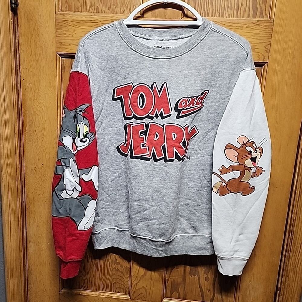 Vtg Tom And Jerry Red White GrayCrew Neck Long Sleeve Pullover Sweatshirt Medium
